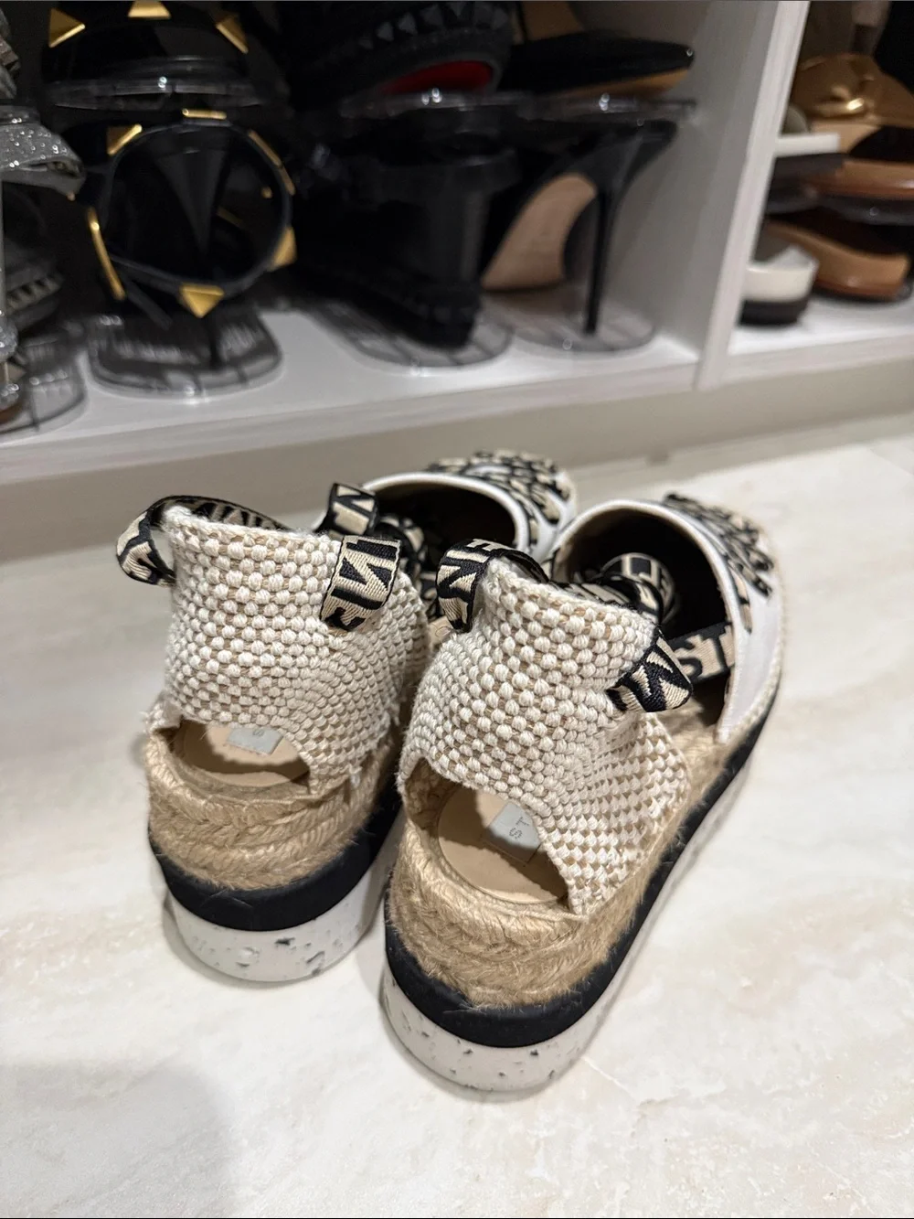 Stella McCartney White Canvas Espadrille Platform Sandals with Black Logo Straps